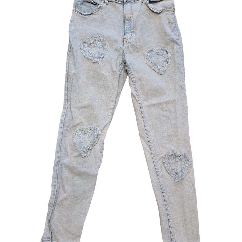 Women's Light Blue Heart Embellished Straight Leg Jeans